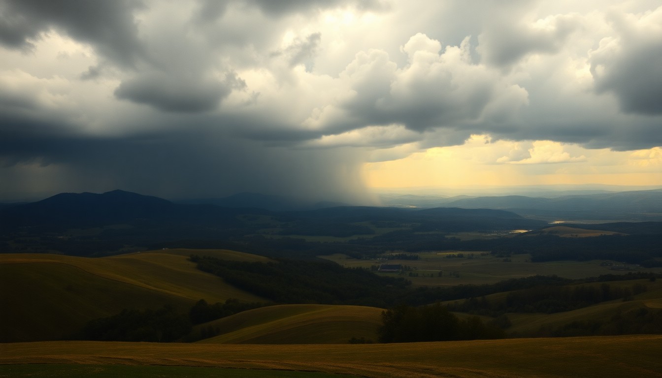 A vast, majestic landscape painting in muted tones of grey, blue, and green, depicting the rolling hills and distant horizon of Maury County under a dramatic, overcast sky. The scene uses deep atmospheric perspective and dramatic backlighting to capture the mood of the changing weather conditions, with the landscape dwarfing any small structures or objects within it.