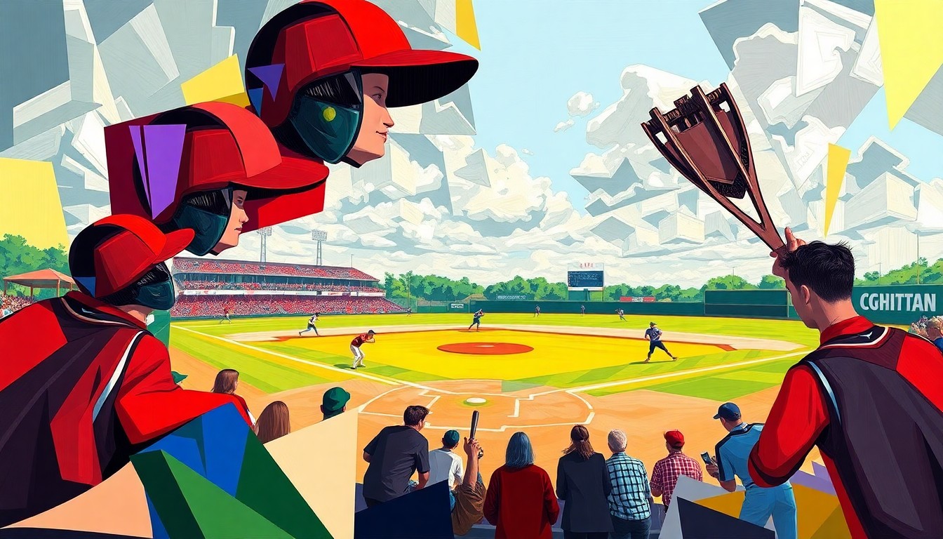 A fragmented, geometric painting depicting a softball game, with sharp planes of color representing the players and field of play. The visual style deconstructs the action into an abstract, cubist composition.
