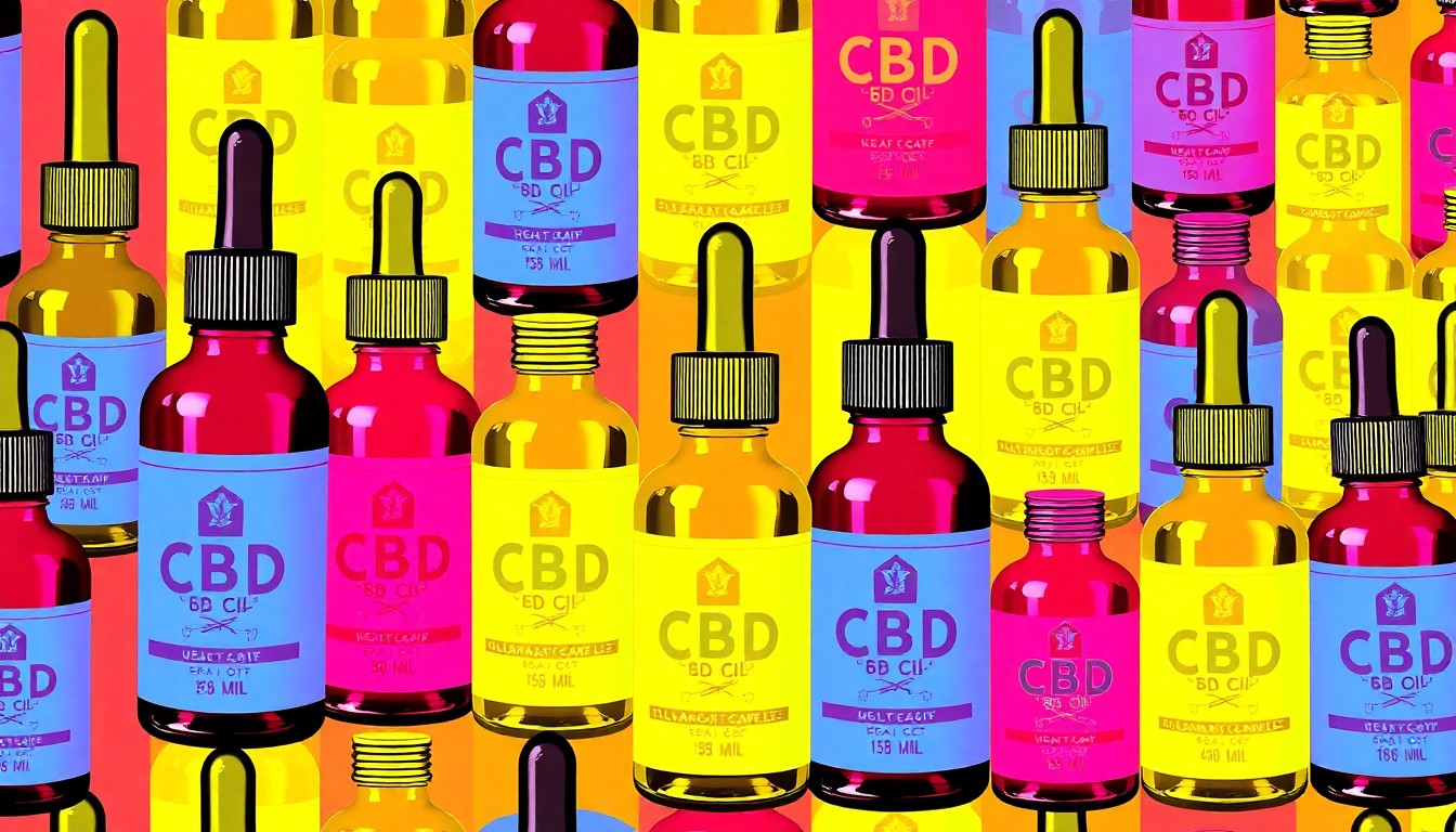A highly stylized, abstract grid of neon-colored CBD oil bottles, conceptually representing the diverse range of premium hemp products available to Thousand Oaks consumers.