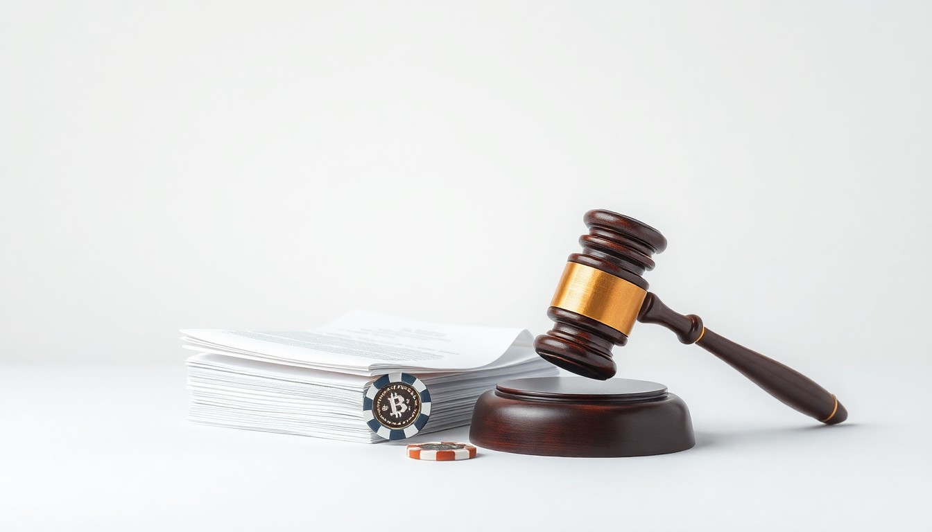 A minimalist studio still life photograph featuring a stack of legal documents, a gavel, and a gambling chip, conceptually representing the regulatory uncertainty and legal disputes surrounding the prediction market industry.