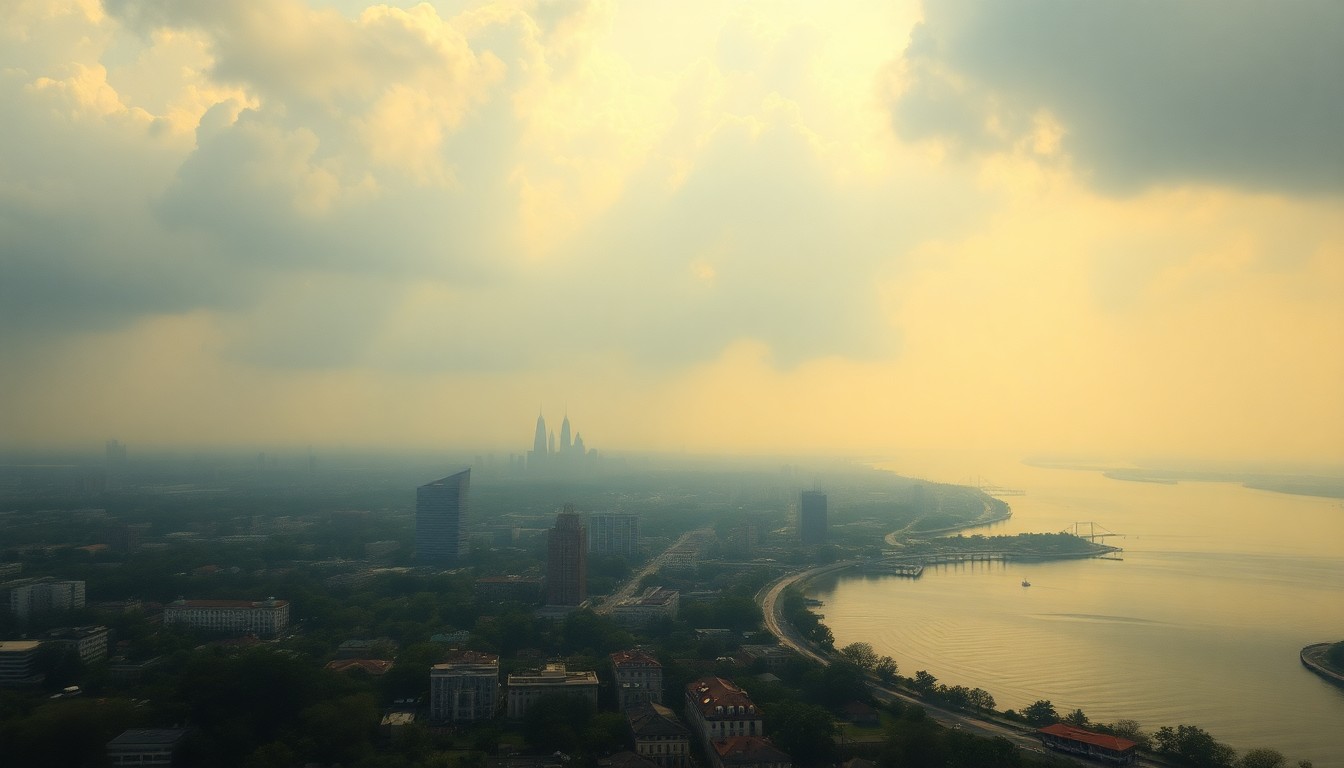 A sweeping, atmospheric landscape painting in muted tones of blue, green, and gold, capturing the expansive scale of the natural world and the small, distant silhouette of a city skyline along the water's edge.