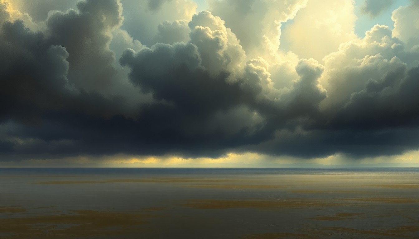 A vast, atmospheric landscape painting in muted tones of gray, blue, and green, depicting a dramatic, stormy sky over a flat, flooded plain. The scene conveys the overwhelming, sublime scale of the natural world, with the horizon line low and the sky taking up the majority of the composition.