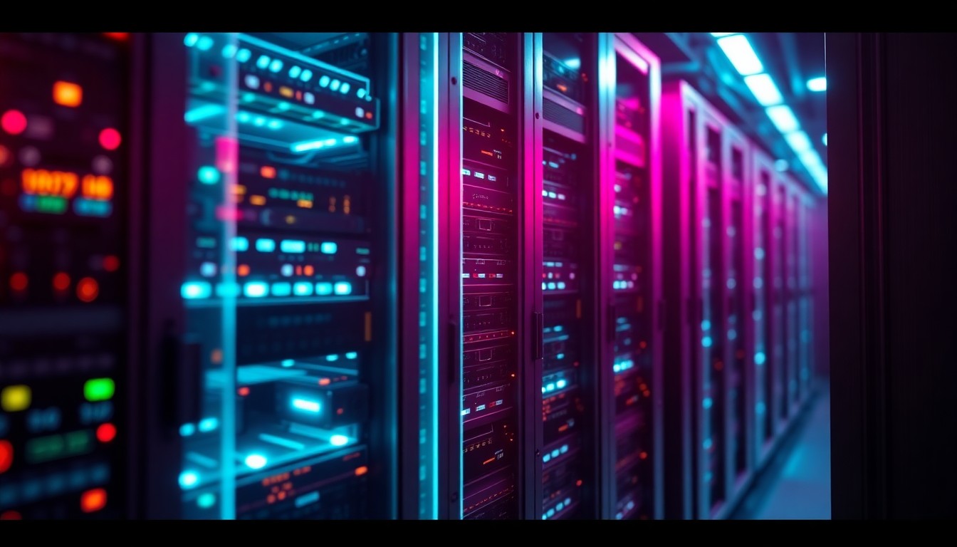 A highly detailed, glowing 3D macro illustration of a futuristic data center server rack, with neon cyan and magenta lights illuminating the intricate hardware components, conceptually representing Oracle's cloud infrastructure buildout.