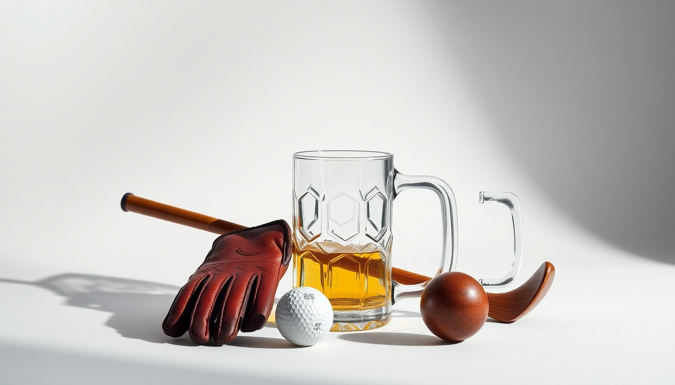 A high-end, photorealistic studio still-life photograph featuring a polished wooden golf club, a leather golf glove, and a stainless steel beer stein arranged elegantly on a clean, monochromatic background, conceptually representing the intersection of golf, hospitality, and the natural beauty of the Estes Park region.