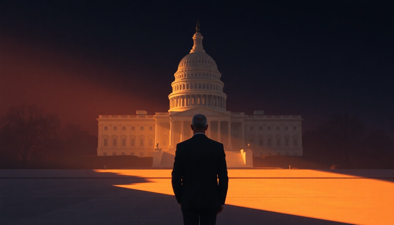 A cinematic painting of an Indian diplomat figure standing alone in front of the US Capitol building, the scene bathed in warm, diagonal sunlight and deep shadows, conceptually representing the diplomatic nature of the upcoming talks.