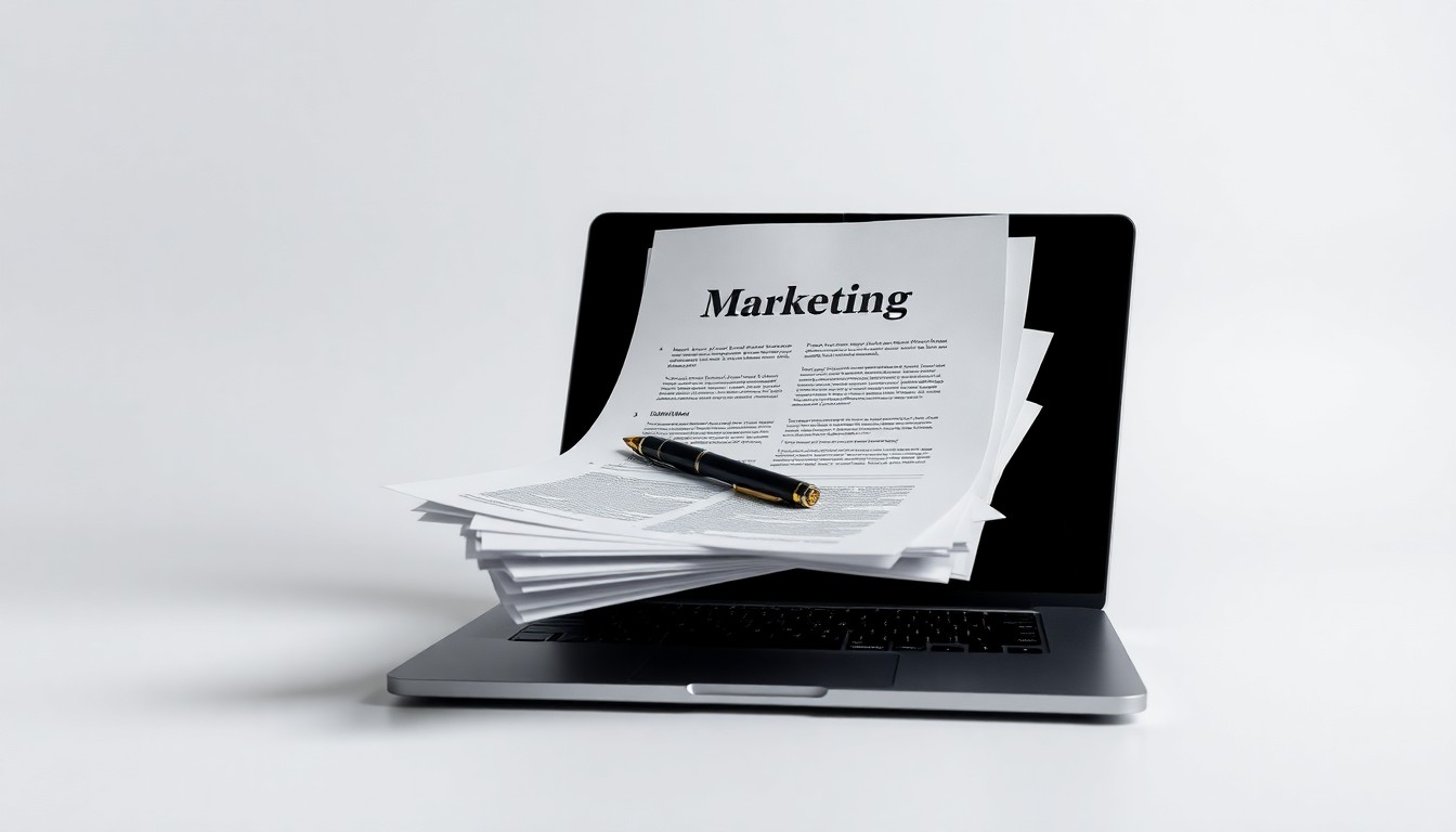 A photorealistic studio still life featuring a stack of business documents, a laptop, and a pen arranged on a clean, monochromatic background, symbolizing the creation of a marketing plan.