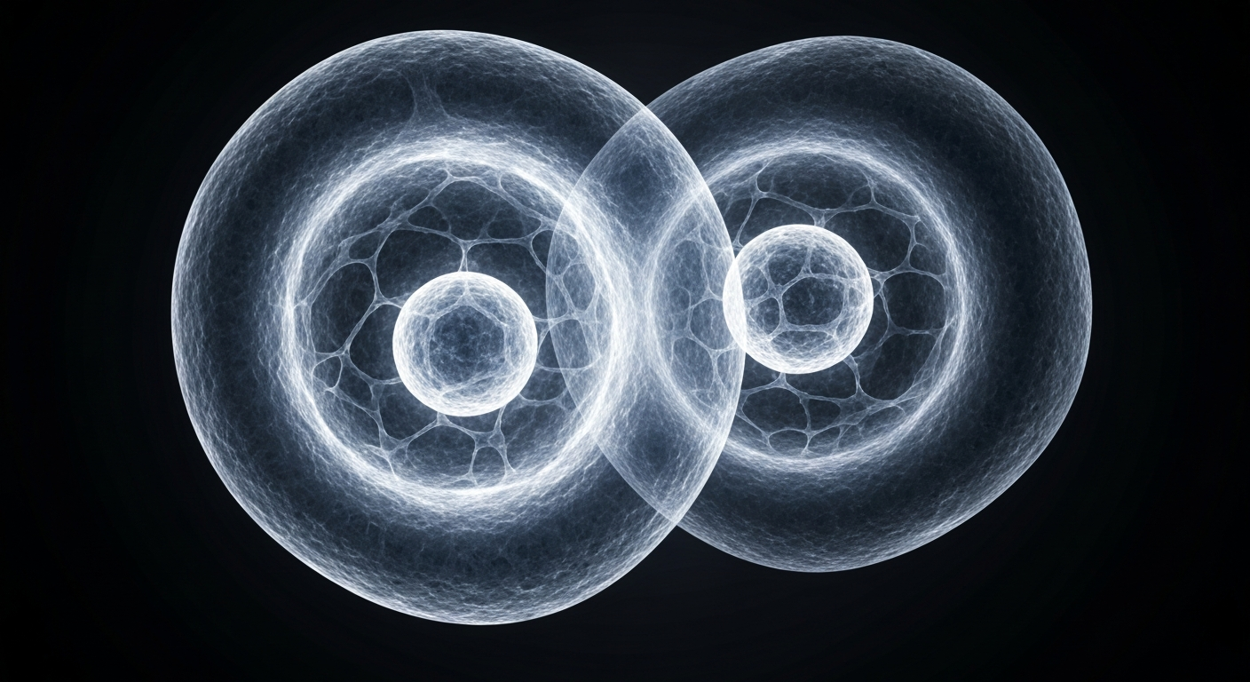 An extreme macro, translucent X-ray photograph revealing the intricate internal structure of a human blood cell, glowing against a dark background, conceptually representing the discovery of a new biomarker for Lynch Syndrome cancer risk.