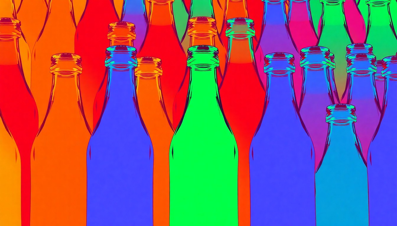 A bold, stylized grid of neon-colored glass soda bottles, conceptually representing Vermont's pioneering recycling legislation.