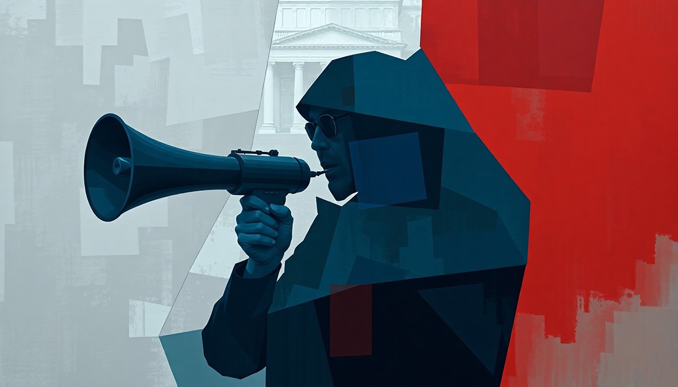 An abstract, fragmented painting featuring a shadowy figure holding a megaphone, conveying the concept of political opposition and free expression facing threat from government overreach.