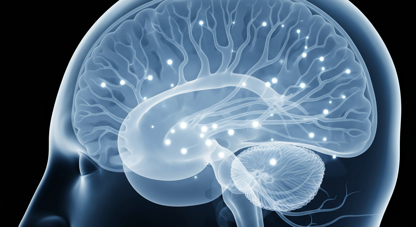 An extreme close-up X-ray image revealing the complex neural networks of the brain, with ghostly glowing pathways and synaptic connections, conceptually illustrating the neurological changes observed in a short-term meditation study.