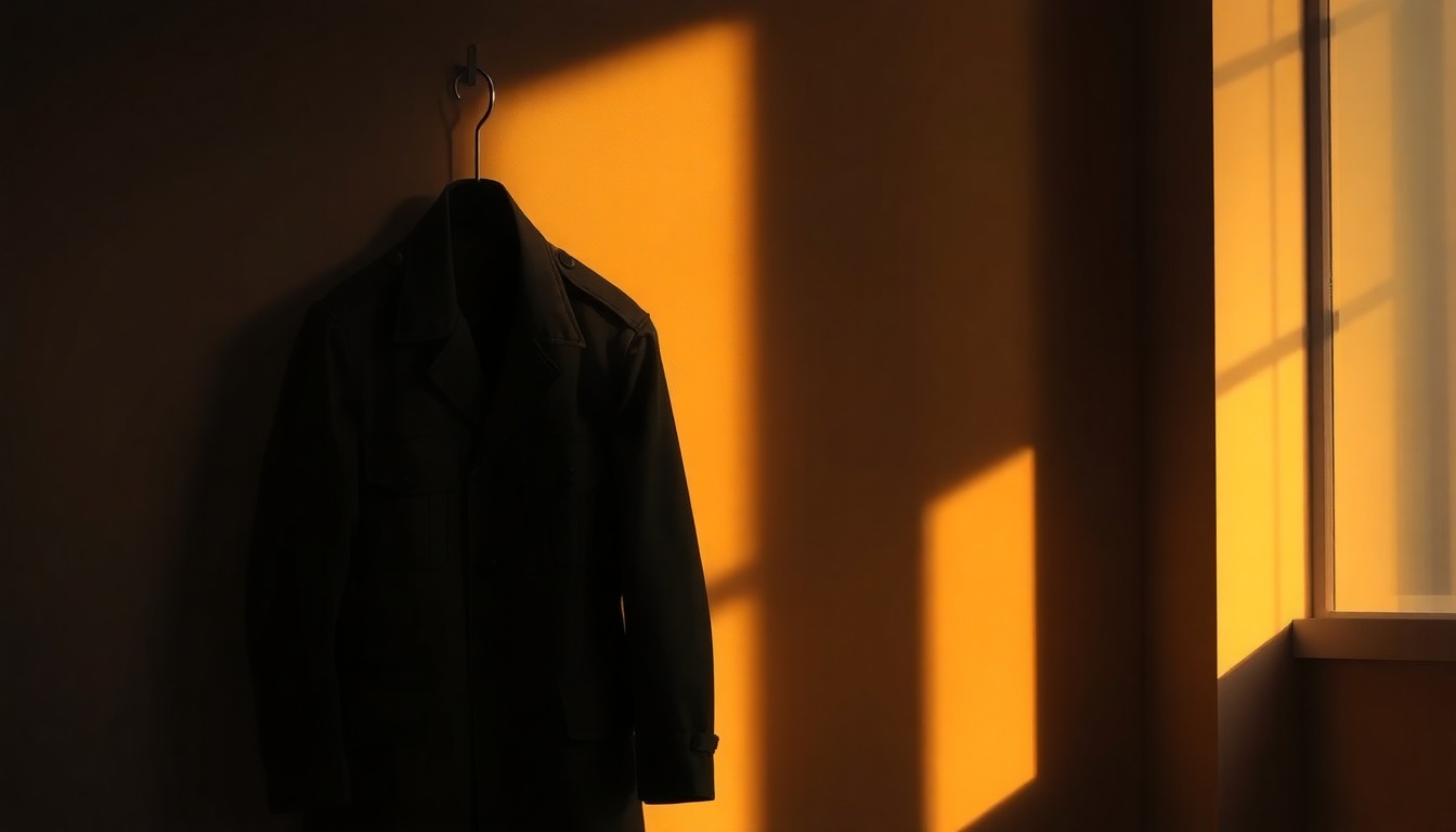 A close-up view of a military uniform jacket hanging alone on a hook, the fabric casting long shadows in warm, golden light, conveying a sense of solitude and the emotional weight of the story.