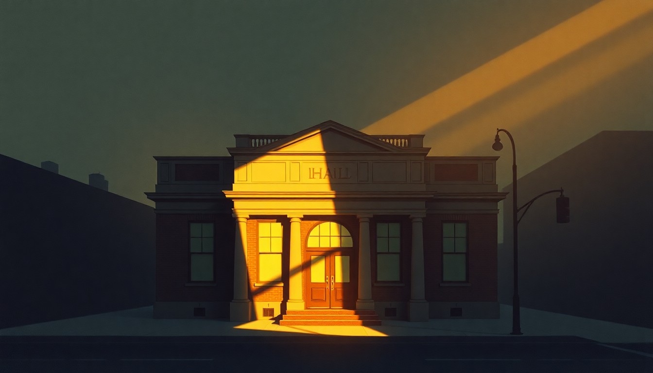 A serene, cinematic painting of a city hall building or municipal office, with warm sunlight casting deep shadows across the facade, conveying a sense of quiet contemplation around the city's budgetary decisions.