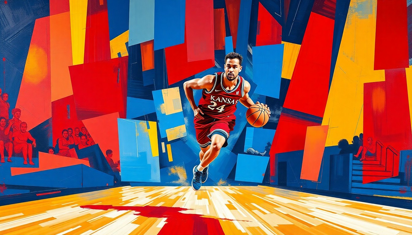 A fragmented, cubist-style painting depicting a Kansas basketball player in motion, with sharp geometric shapes and planes of crimson, blue, and gold colors representing the team's colors and the disruption caused by the player's transfer.