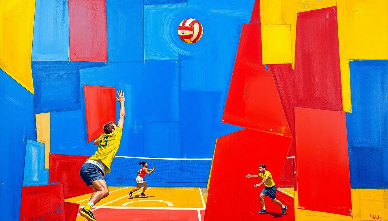 A dynamic, cubist-inspired painting depicting the motion and energy of a volleyball game, with sharp geometric shapes and planes of color representing the sport's competitive spirit.