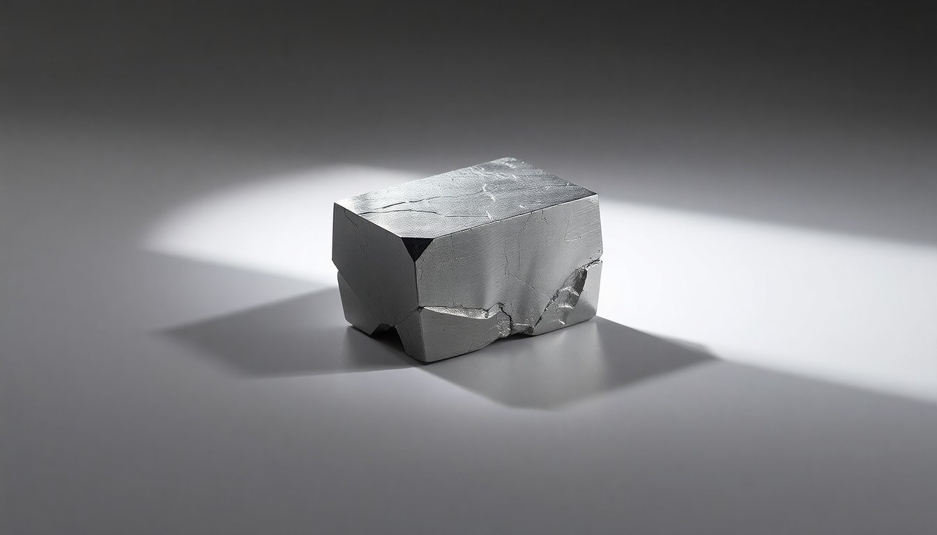 A highly polished, geometric antimony ingot or block resting on a clean, monochromatic background, using dramatic studio lighting and deep shadows to convey the strategic importance of this critical mineral.