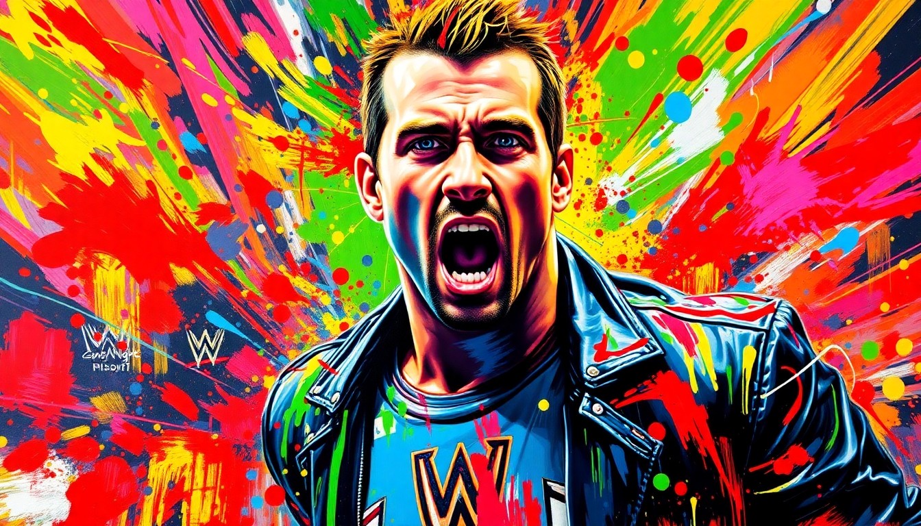 An extreme close-up of CM Punk's face, rendered in a vibrant, expressionist style with rapid brushstrokes and neon colors, capturing the intensity and raw emotion of his confrontational promo on WWE Raw.