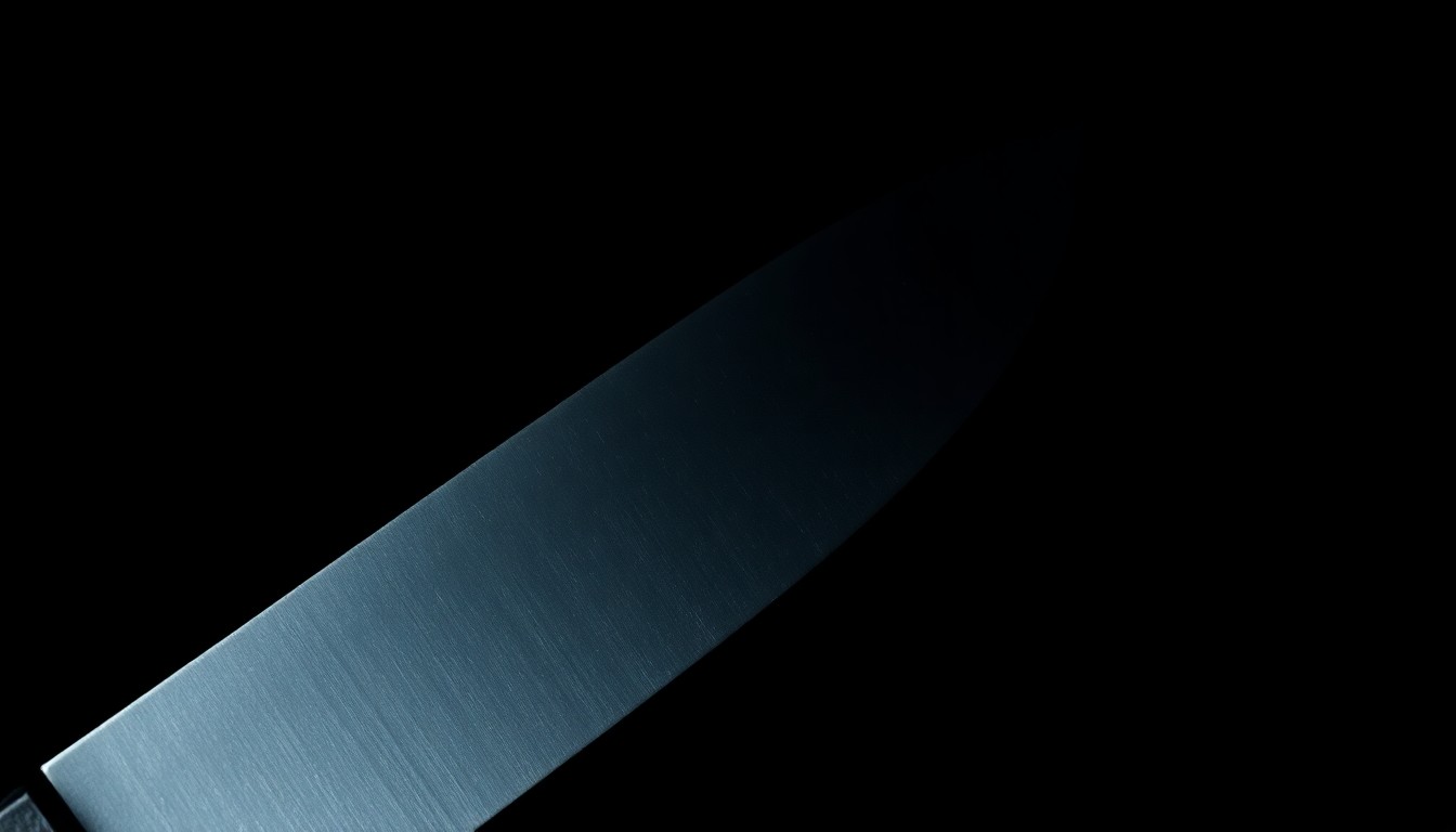 An extreme close-up of a knife blade against a pitch-black background, lit by a harsh, direct camera flash to create a stark, gritty, investigative aesthetic.