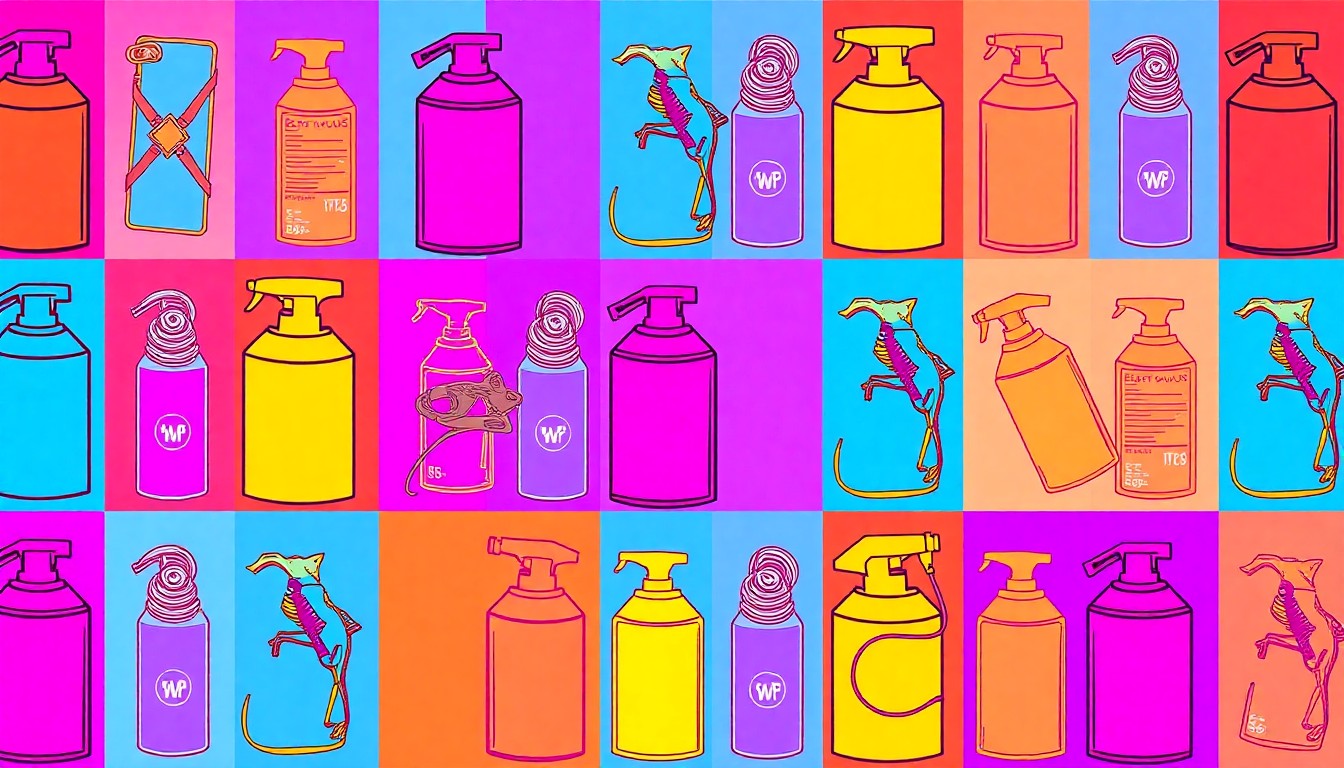 A brightly colored, high-contrast grid of silkscreen-style illustrations depicting various pest control tools and products, rendered in a bold, abstract pop art style with flat neon colors and heavy black outlines, conceptually representing the community's need for effective and creative pest management.