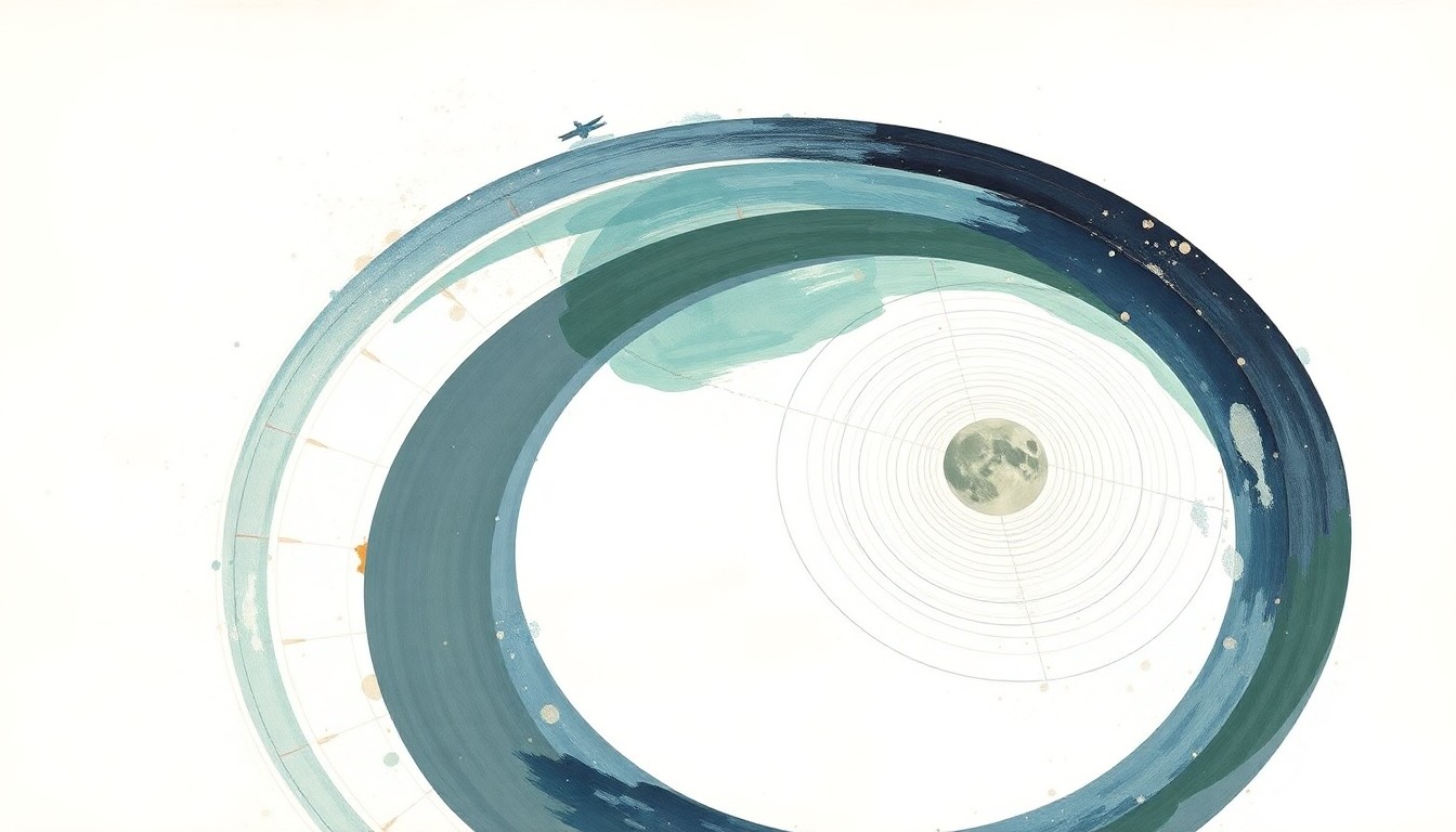 A highly structured abstract painting in soft earth tones, featuring sweeping geometric arcs, concentric circles, and precise orbital spirals, conceptually representing the intricate scientific forces and trajectories of the Artemis II mission.