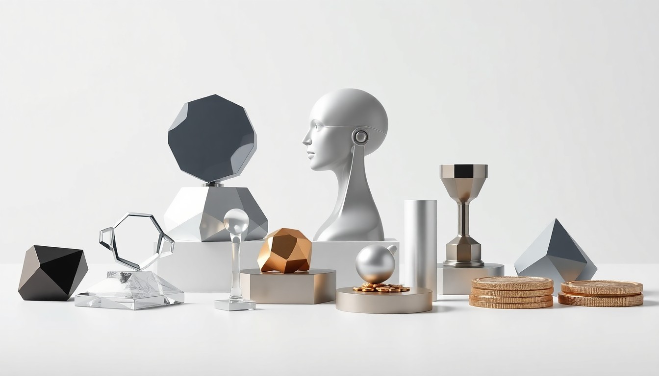 A photorealistic studio still life featuring a collection of polished, geometric shapes and premium materials arranged elegantly on a clean, monochromatic background, symbolizing the abstract concepts of biotechnology, AI, and capital markets.