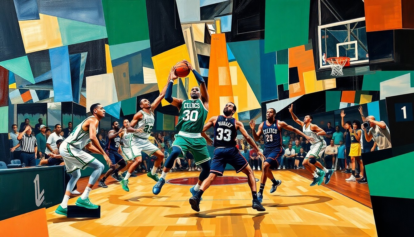 A fractured, multi-perspective painting depicting the fast-paced action of a basketball game between the Boston Celtics and Charlotte Hornets, with the players' movements and the energy of the game captured through sharp, overlapping geometric planes in a cubist style.