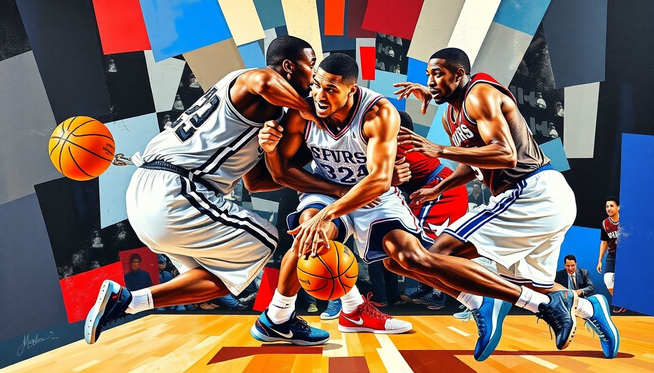 A cubist, geometric painting breaking down a basketball collision into sharp, overlapping planes of color, representing the physical impact and uncertainty surrounding the injured player's prognosis.