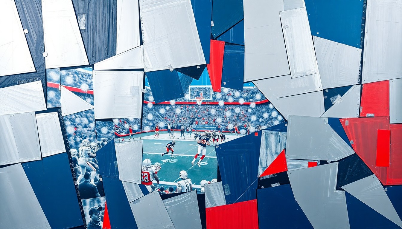 A cubist, geometric painting depicting an abstract football game or NFL draft scene, with sharp, overlapping planes of silver, navy blue, and crimson red conveying the energy and anticipation of a major franchise-altering decision.