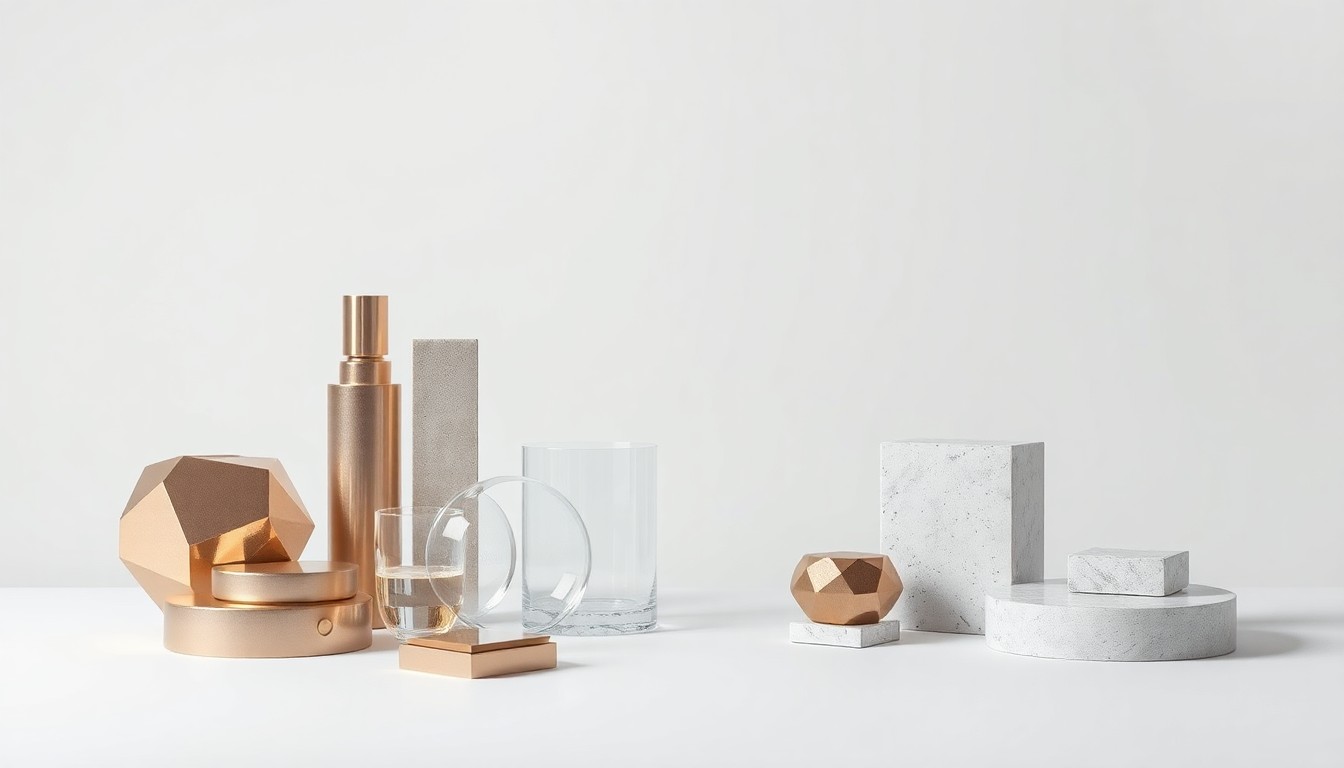 A minimalist, high-end studio still life photograph featuring a collection of polished metal, glass, and stone objects arranged elegantly on a clean, monochromatic background, conceptually representing the abstract ideas of urban growth and changing commercial development.