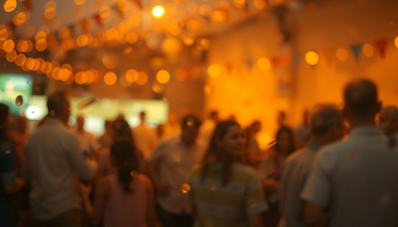 An extremely abstracted, out-of-focus photograph in warm, earthy tones, capturing the celebratory atmosphere of a community gathering with blurred silhouettes of people interacting.