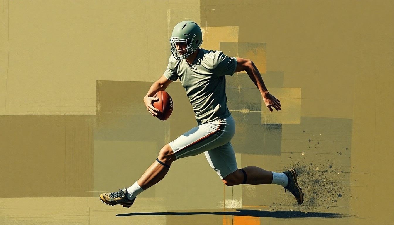 A fractured, cubist-style painting depicting the silhouette of a football player in motion, broken down into sharp, overlapping geometric shapes in muted earth tones, conceptually representing the private nature of Aaron Rodgers' plans for life after the NFL.