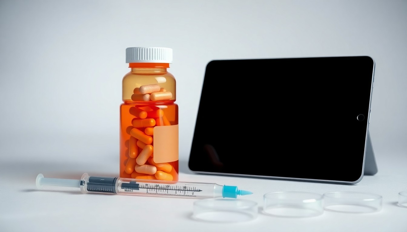 A high-end, photorealistic studio still-life photograph featuring a stack of pharmaceutical pill bottles, a syringe, and a tablet computer on a clean, monochromatic background, conceptually representing the financial and corporate strategy implications of the Apellis-Biogen acquisition.