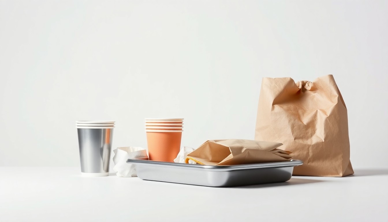A high-end, photorealistic studio still-life photograph featuring a simple arrangement of premium, polished objects like a stainless steel fast-food tray, a stack of paper cups, and a crumpled paper bag, all set against a clean, monochromatic background, conceptually representing the value-focused appeal of McDonald's 'McValue' menu offerings.