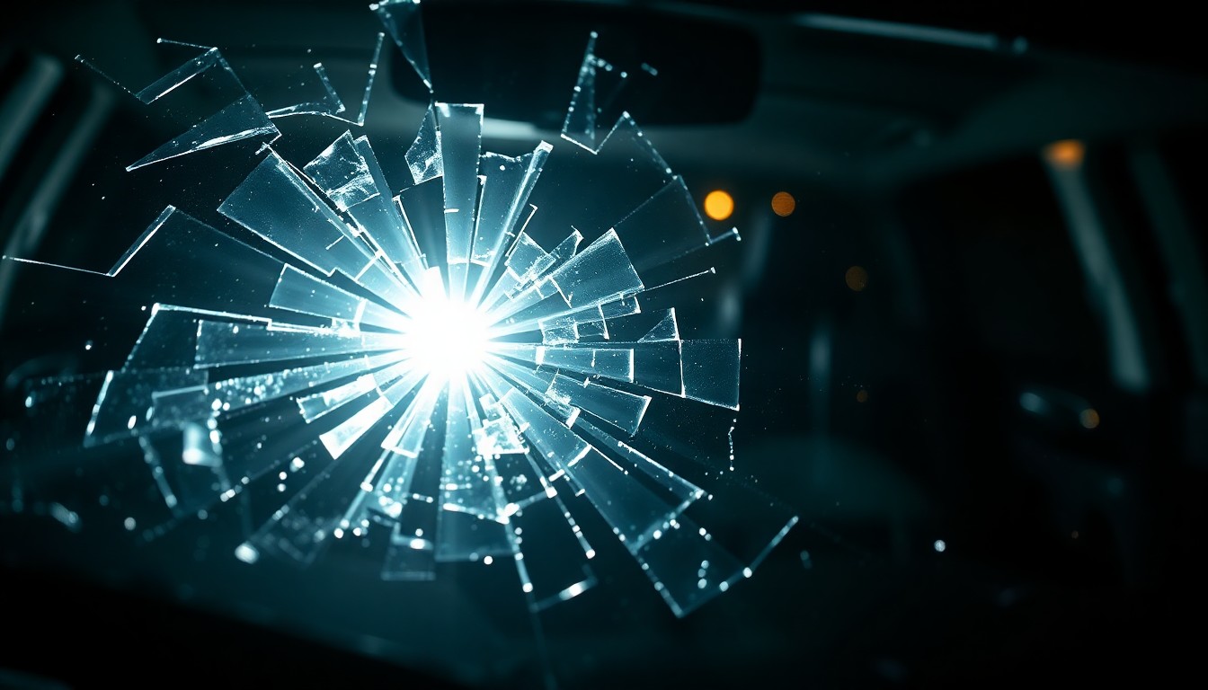 An extreme close-up photograph of a shattered car windshield reflecting the harsh glare of a camera flash, conceptually representing the aftermath of a violent hit-and-run collision.