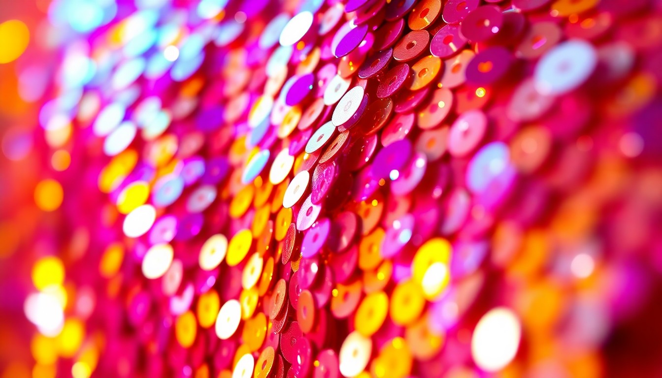 An extreme close-up photograph of shimmering sequins in a vibrant color palette of fuchsia, violet, and gold, capturing the high-energy glamour and textural opulence of a Lady Gaga concert performance.