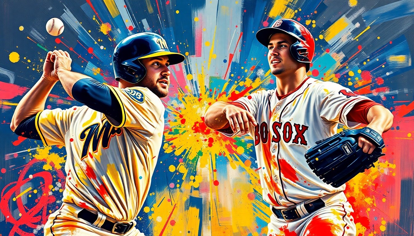 An extreme close-up of two baseball players in mid-confrontation, their faces and uniforms blurred into a vibrant expressionist painting of neon colors and rapid brushstrokes, capturing the raw energy and emotion of their on-field clash.