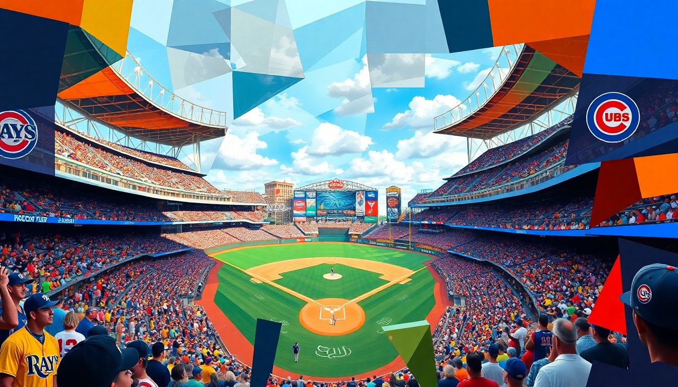 A fractured, cubist-style painting depicting the baseball game at Tropicana Field, with the players, stadium, and crowd broken down into overlapping geometric shapes and planes of vibrant colors, capturing the energy and excitement of the Rays' homecoming.