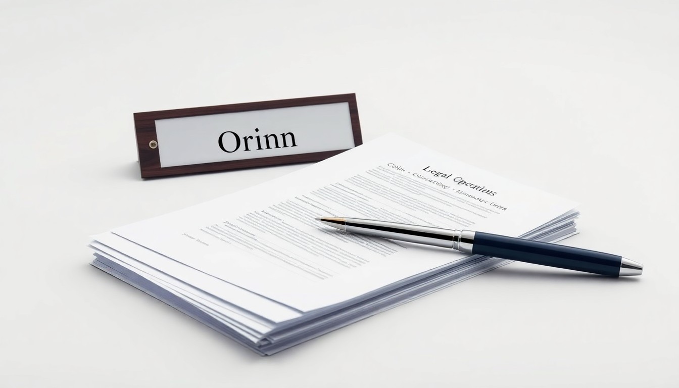 A photorealistic studio still-life photograph featuring a stack of legal documents, a pen, and a nameplate with the text 'Corinn Hake' on a clean, monochromatic background, conceptually representing Corinn's expertise and leadership in the legal field.