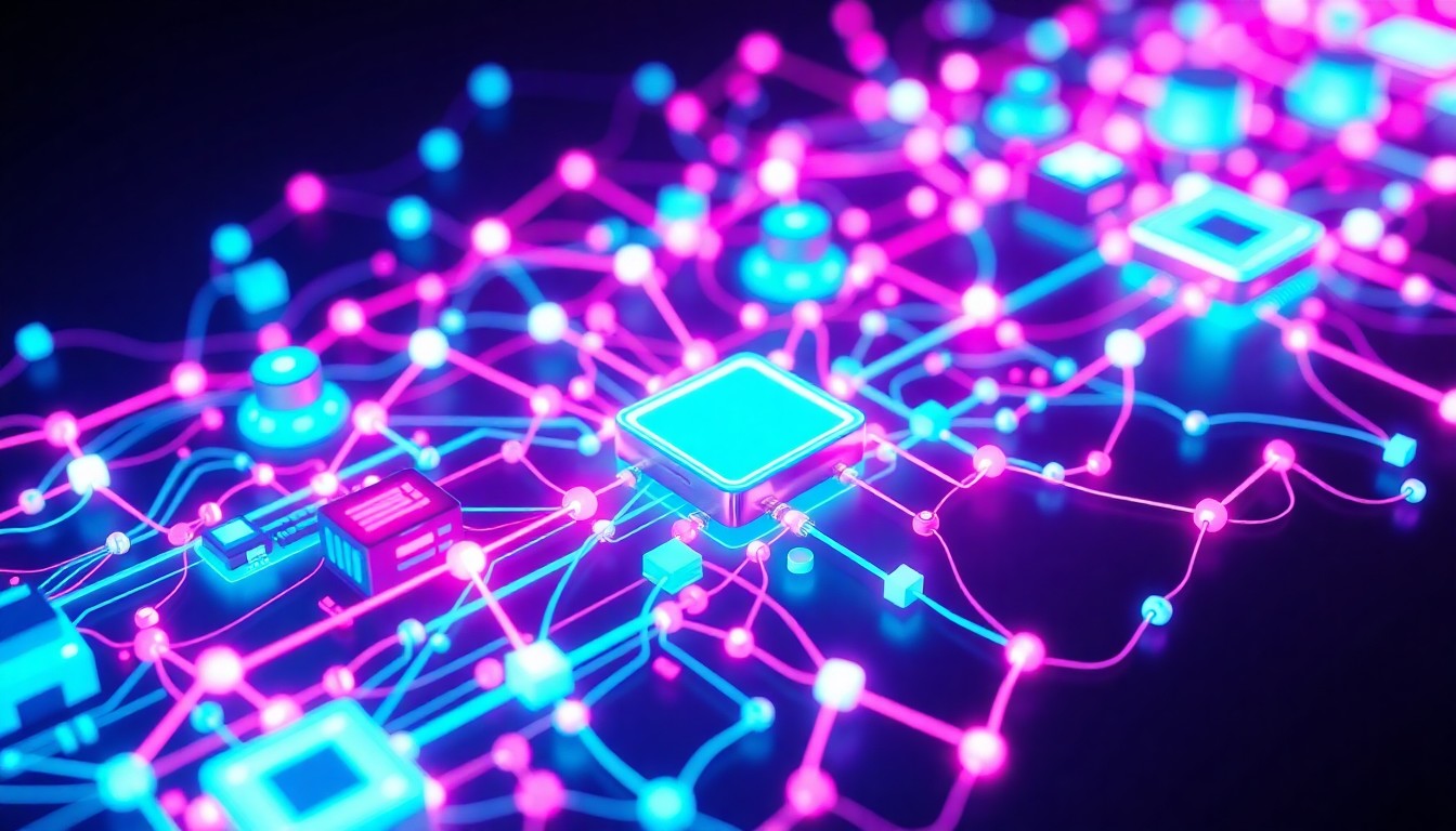 A highly detailed, glowing 3D illustration of a complex network of interconnected software components, represented by illuminated geometric shapes and lines in a palette of neon cyan, magenta, and deep indigo, conceptually representing the comprehensive security solutions offered by TuxCare to protect open-source infrastructure.
