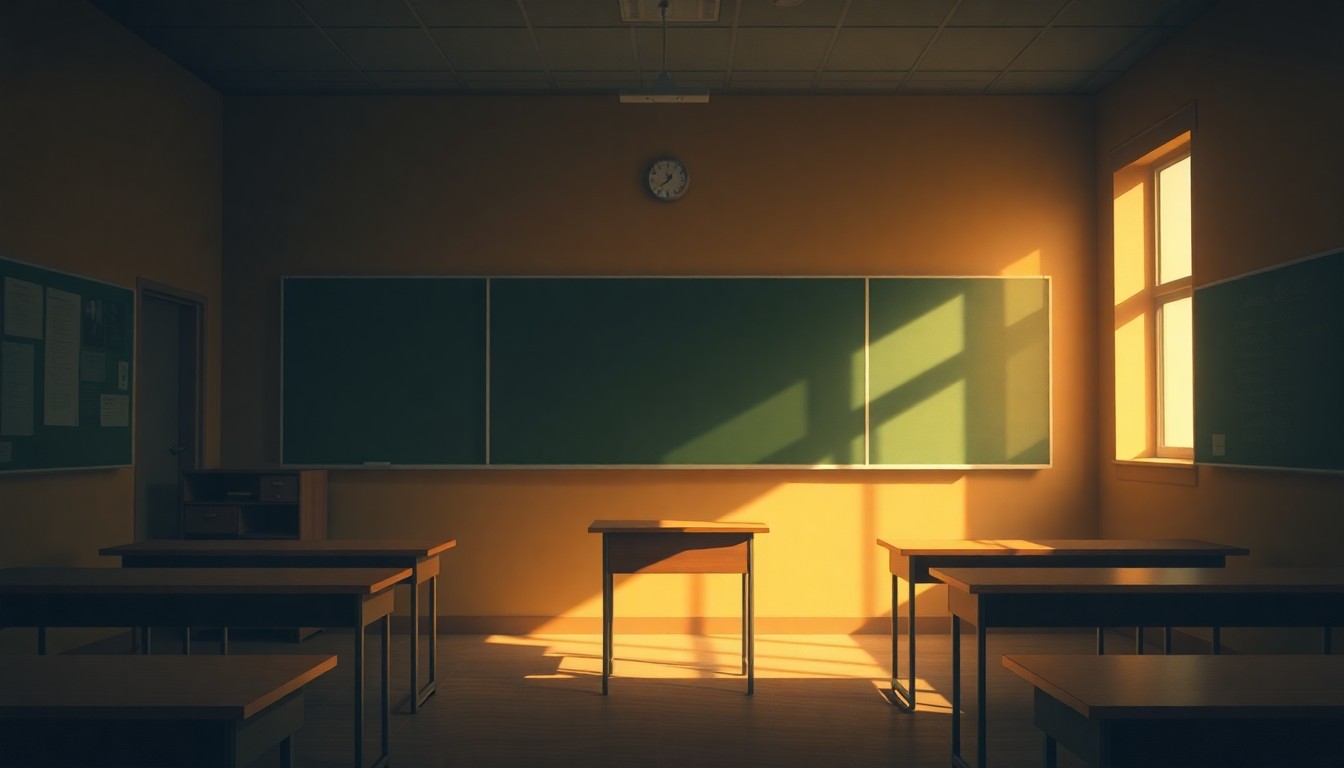 A serene, cinematic painting of a university classroom filled with warm, diagonal sunlight and deep shadows, evoking a sense of contemplation and the weight of complex social issues.