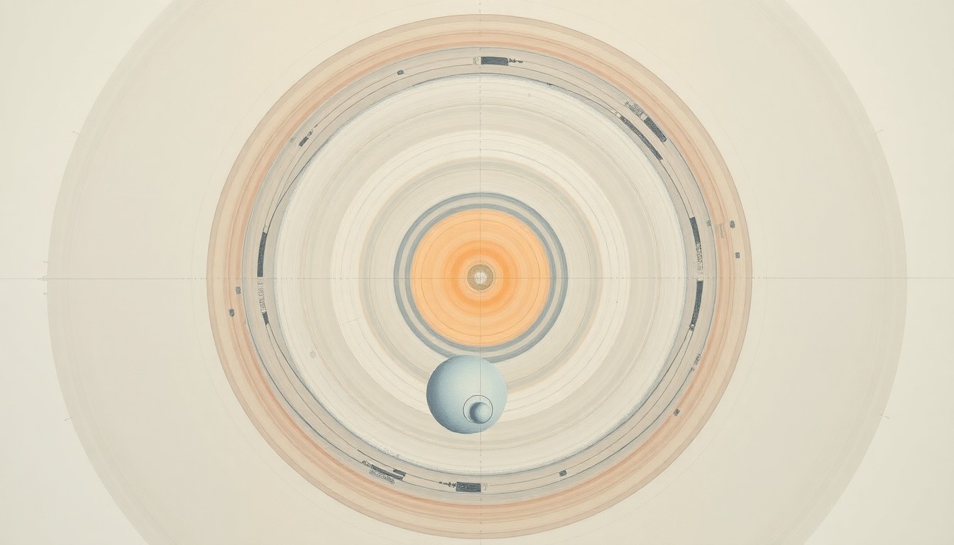 A highly structured abstract painting in soft, earthy tones featuring sweeping geometric arcs, concentric circles, and precise botanical spirals, conceptually representing the complex scientific forces and technological innovation behind deep borehole nuclear waste disposal.