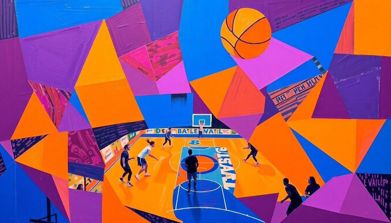 A fractured, cubist-style painting depicting a girls' basketball game, with the players and court broken down into sharp, overlapping geometric shapes in a vibrant color palette, capturing the dynamic energy of the sport.