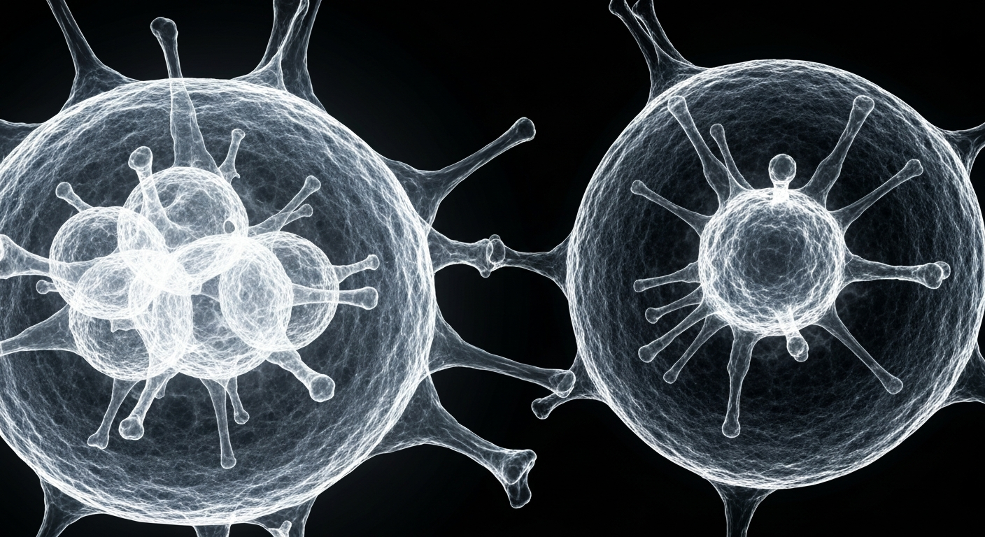 An extreme close-up X-ray image revealing the intricate molecular structure of an ovarian cancer cell, with glowing lines and shapes against a dark background, conceptually representing the search for new targeted treatments.