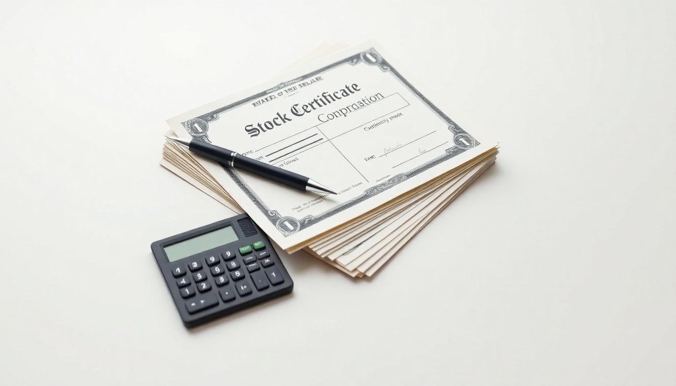 A photorealistic studio still life featuring a stack of stock certificates, a pen, and a calculator arranged on a clean white background, conceptually representing Rigel's employee compensation practices.