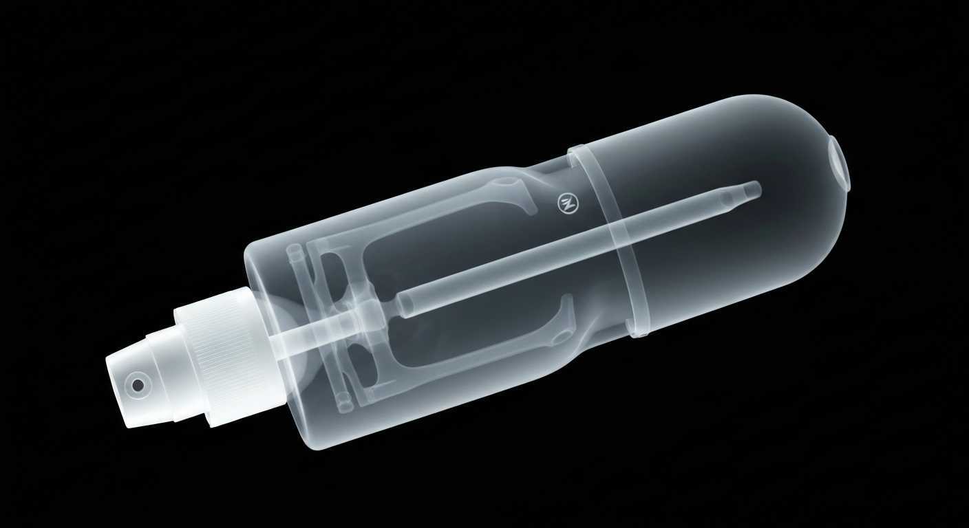 A ghostly, translucent X-ray photograph revealing the internal structure of a NARCAN® Nasal Spray device, conveying its medical and scientific importance in addressing the opioid crisis.