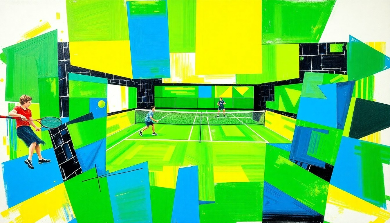 A fragmented, geometric painting depicting a high school tennis match, with sharp planes of bright colors representing the dynamic movement and energy of the sport.