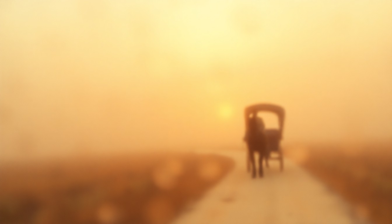 An extremely abstracted, out-of-focus photograph of a hazy, dreamlike landscape with a horse-drawn wagon or sleigh in the distance, captured through condensation or rain-streaked glass in warm, soft pools of light and color.