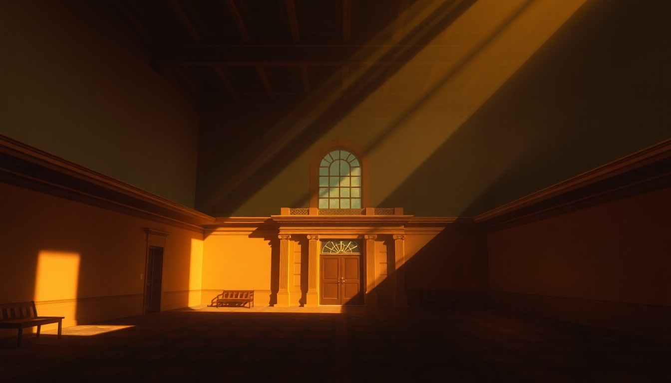 A serene, cinematic painting of a dimly lit county government building or council chamber, with warm light streaming through the windows and deep shadows casting an air of contemplation over the scene.