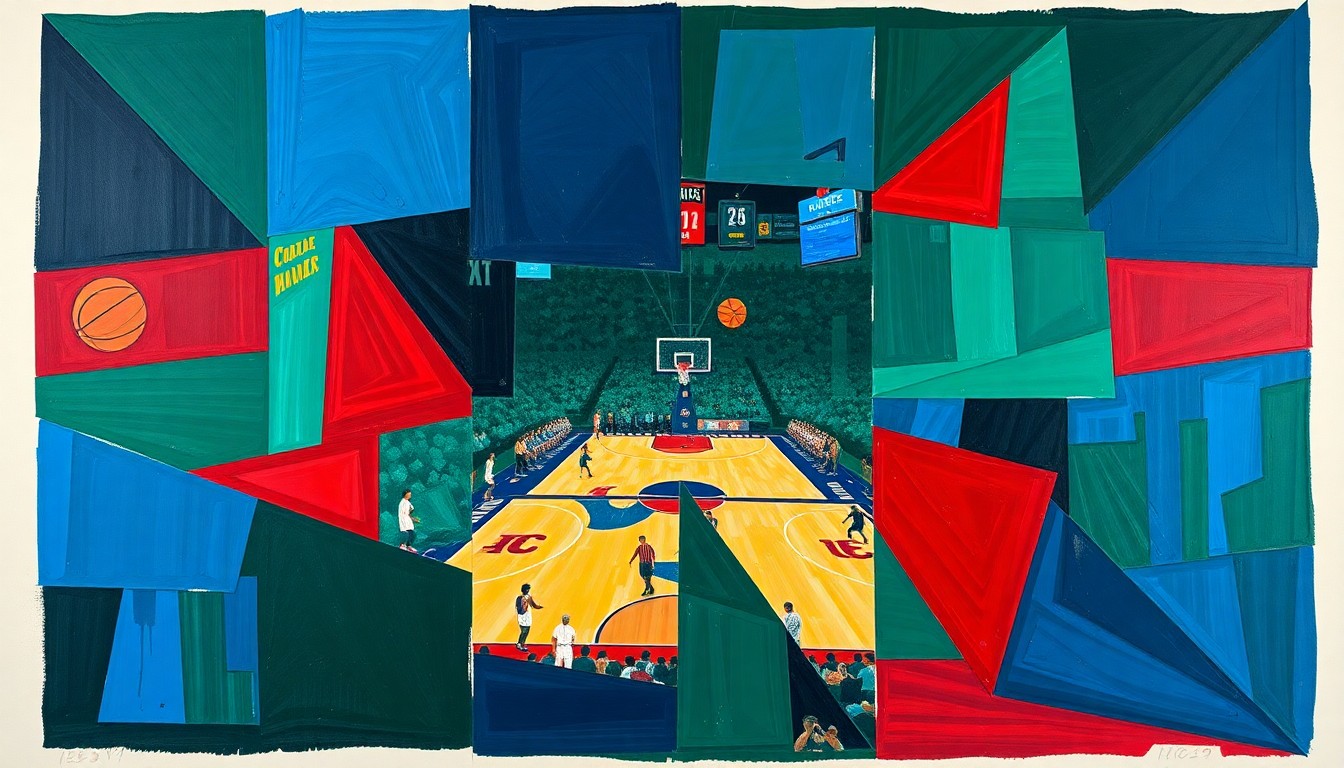 A fragmented, abstract painting depicting a college basketball game or match, with sharp geometric shapes and planes of deep blue, forest green, and crimson red overlapping to create a sense of motion and energy on the court.