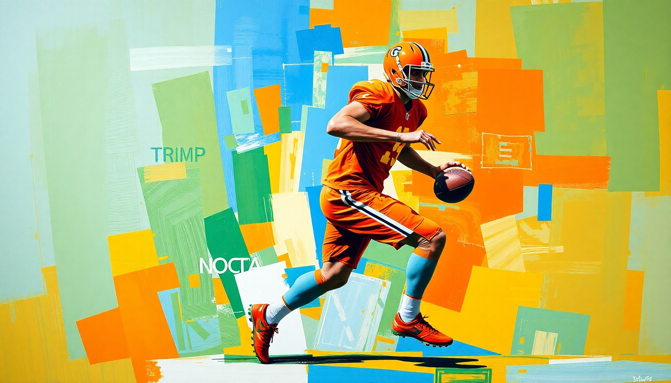 A fragmented, cubist-style painting depicting a football player in motion, their body broken down into overlapping geometric planes of bright orange, blue, and green hues.