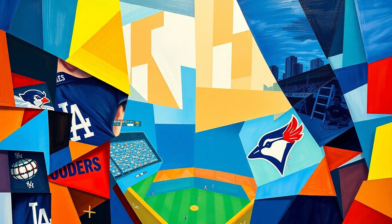 A cubist, geometric painting depicting a baseball game between the Los Angeles Dodgers and Toronto Blue Jays, with overlapping planes of color representing the intensity of the competition.